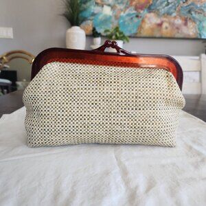 Vintage Lucite Top Handle Woven Raffia Art Deco MCM Clutch w/Kiss Lock